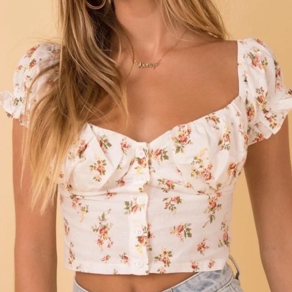 Princess Polly Tops - Princess Polly / White Floral Print Off The Shoulder Vinnie Corset Crop Top